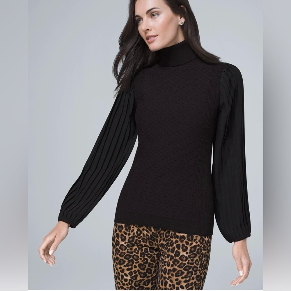 White House Black Market Turtleneck‎ Sweater Pleated Sleeves Small Black NWT